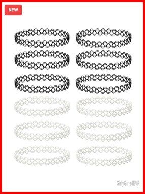 12pc Tattoo Choker Necklace Set Stretchy Elastic Y2K 90s Gothic